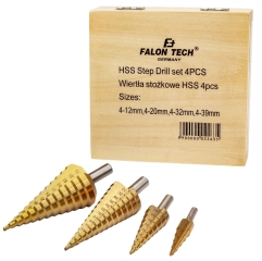 Wiertła stożkowe stopniowe HSS tytanowe 4 sztuki (4-39 mm) FALON-TECH